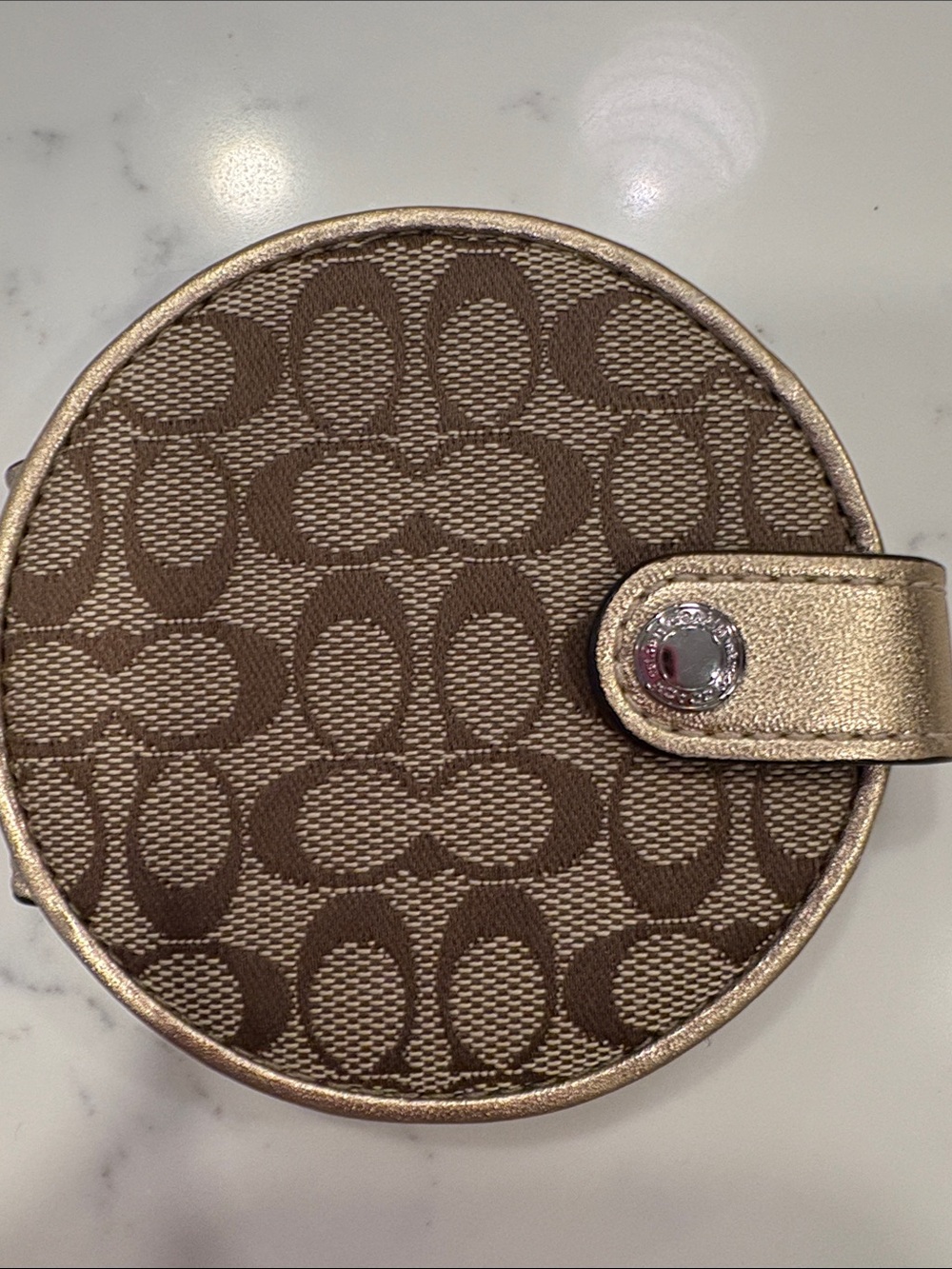 Coach Round Signature mirror Case in Brown with Gold Trim